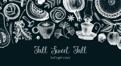 Vintage autumn banner design template. Hand-drawn vector illustration on chalkboard. Pumpkin, hot drink, fruit, pie, pastry, fall leaves sketches. Thanksgiving background 